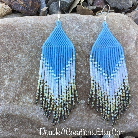SKY Blue Beaded Earrings With Picasso Rattlesnake Fringe - Picture 3 of 7